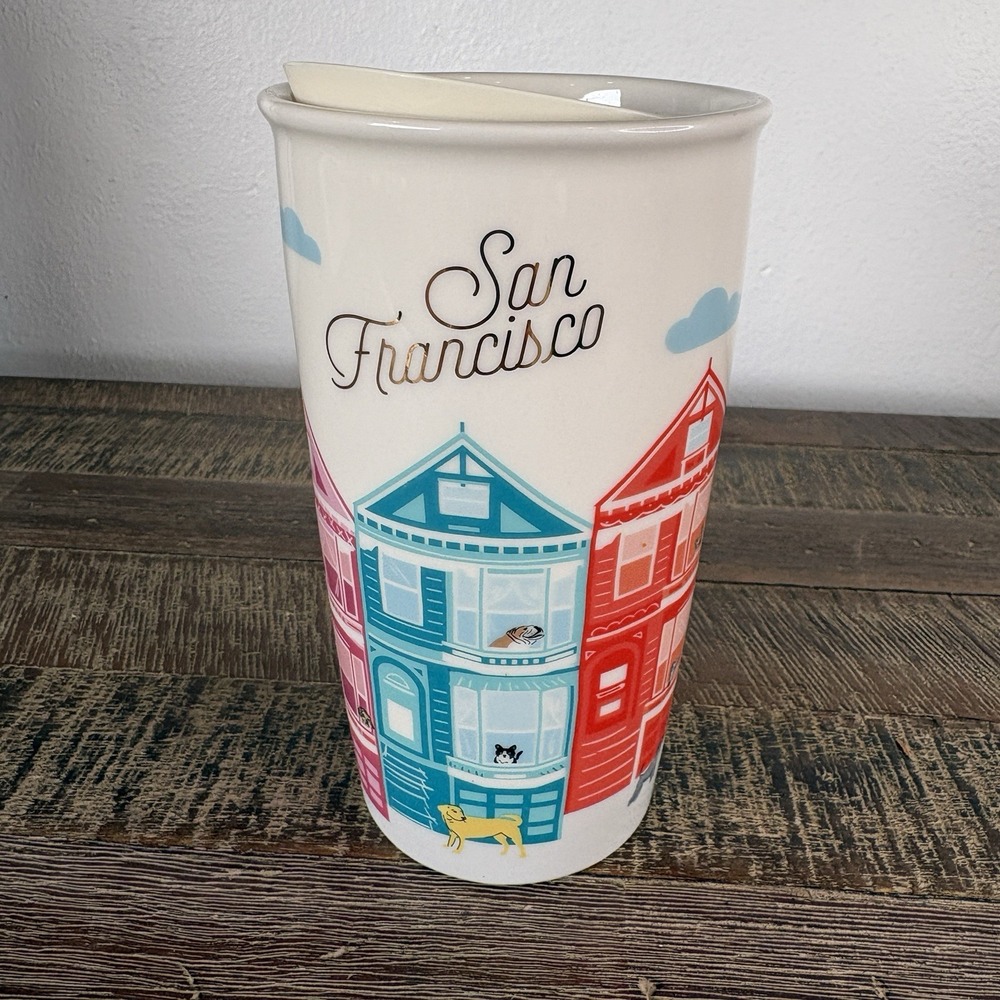 Starbucks San Francisco Ceramic Travel Tumbler 12 Oz Painted Ladies Houses Lid